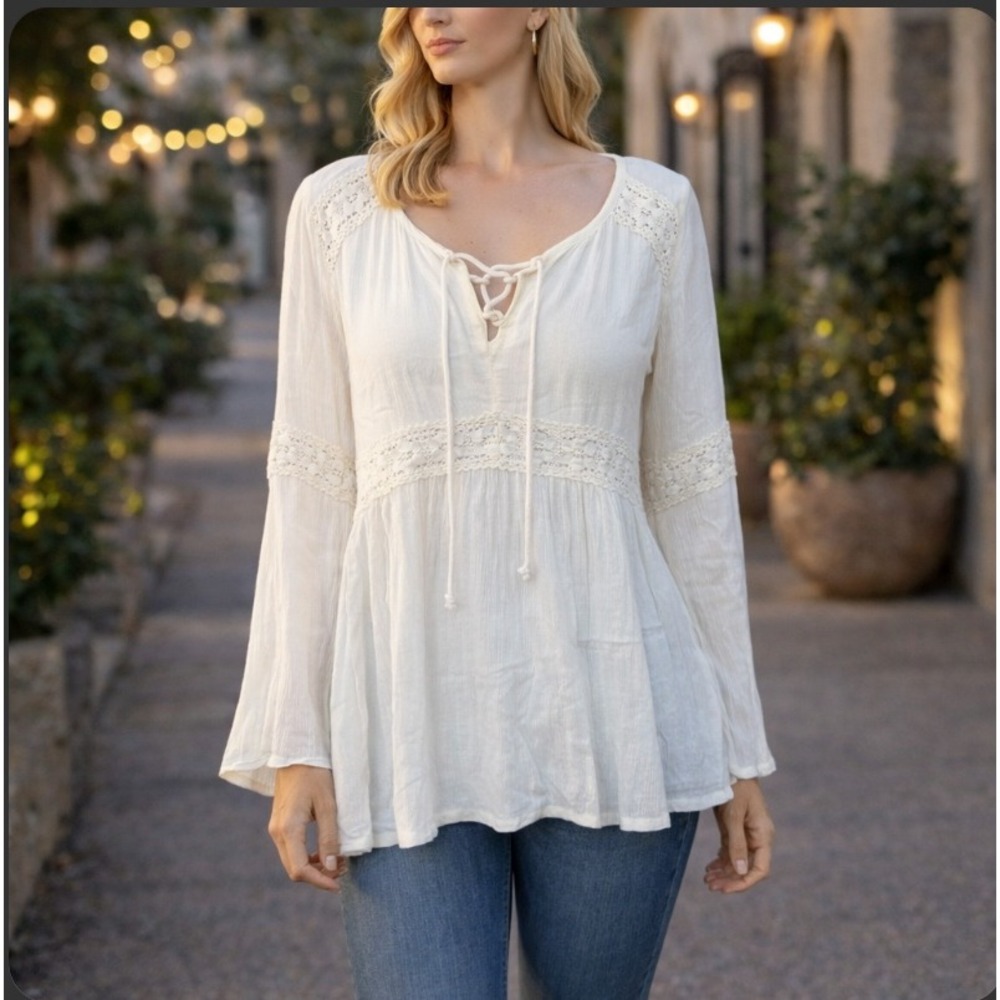 Hollister Lace Up Babydoll Shirt Womens XS Ivory Crochet Boho Peasant Top